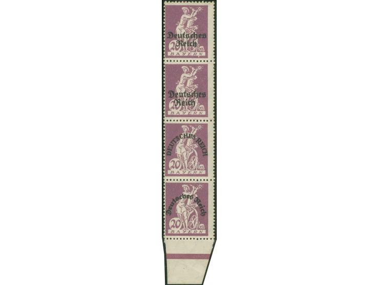 1920, Aufdruck-Essay Bayern-Abschied 20 Pfg. “Deutsches Reich” im senkrechten Unterrandviererstreifen mir vier verschiedenen 