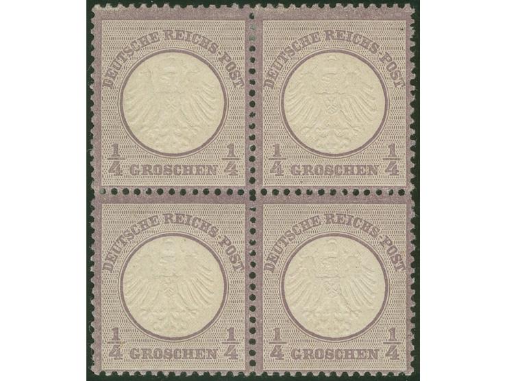 1872, Kleiner Schild ¼ Gr. grauviolett, Viererblock, farbfrisch und sehr gut geprägt, normale Zähnung, ungebraucht, die obere