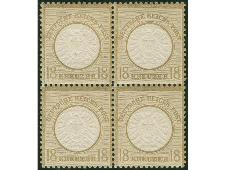1872, Großer Schild 18 Kr. ockerbraun, Viererblock, farbfrisch, sehr gut gezähnt und geprägt, postfrisch, tadellos, sign. Geo