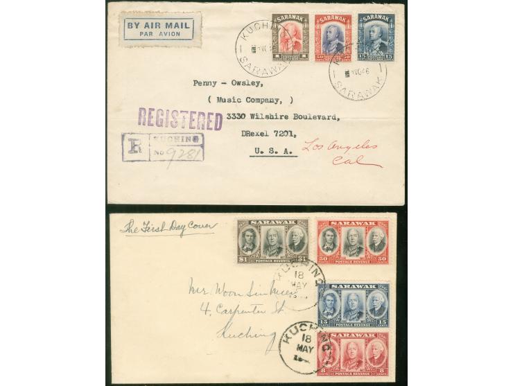 1946, FDC Centenary set of four cancelled KUCHING 15 MAY 1946, plus registered air mail envelope bearing C. V. Brooke $1, 50 