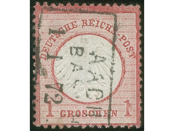 1872, Kleiner Schild 1 Gr. karmin, sauber mit Teilabschlag vom Ersttag “AACHEN BAHNHOF 1 1 72”, farbfrisch und gut gezähnt, s