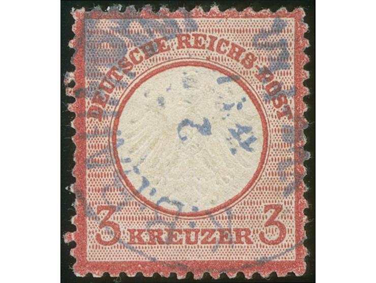 1872, Kleiner Schild 3 Kr. karmin, farbfrisch, gut gezähnt und geprägt, sauber entwertet mit blauem Bayern-Einkreis-Bahnposts