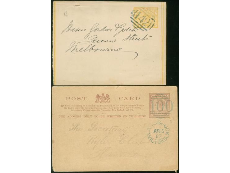 1887, postal stationery card 1 d. violet-brown clear cancelled blue 100 CARISBROOK AP/15 87 VICTORIA in blue via Ballart AP/1
