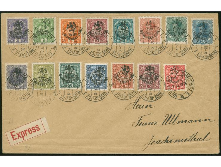 1918, Kaiserkrone 3 h. bis 1 k. und 15 h. bis 30 h. Karl I je mit Aufdruck "CESKO-SLOVENSKY STAT" auf Express-Sammlerbrief (R