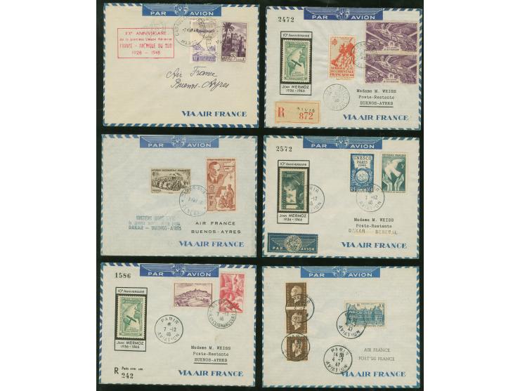 1946/54, Air France : 10 air mail covers including first flights to Nouvelle Caledonie registered, anniversary flights to Bue