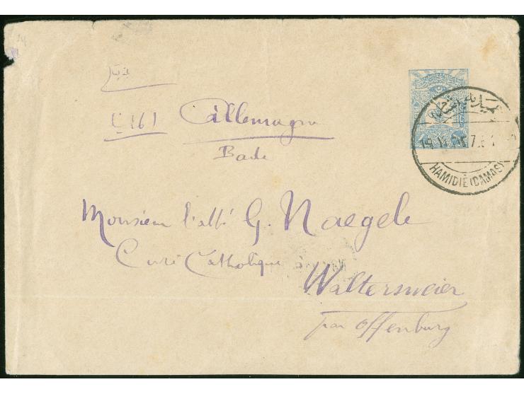 1907, "HAMIDIE (DAMAS) 19.11.907" (Coles-Walker no.47) cds. Turkey on postal stationery envelope 1 pia. blue, via Beyrouth to