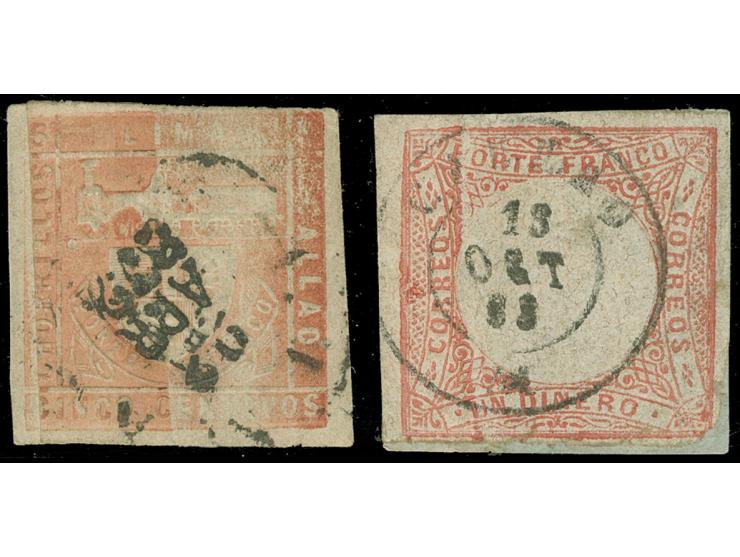1862/71, 5 c. scarlet and 1 d. red, two stamps showing variety ‘glued paper’, clear cancelled, each tiny thins, otherwise fin