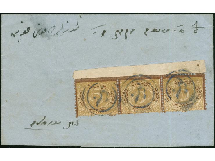 1868, ‘BOSNA 81’ all arabic cancellation in blue on envelope written in ladino (hebrew) bearing Turkey 1868 postage due stamp