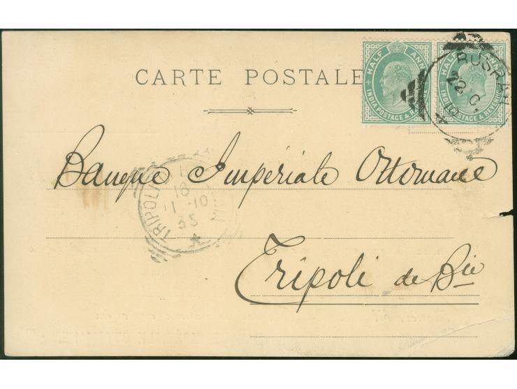 1914, India KEVII ½ a. green pair tied to ottoman bank postcard by ´´BUSRAH 22 OC 10´´ (large squared cds. SG Type Z 9) to Tr