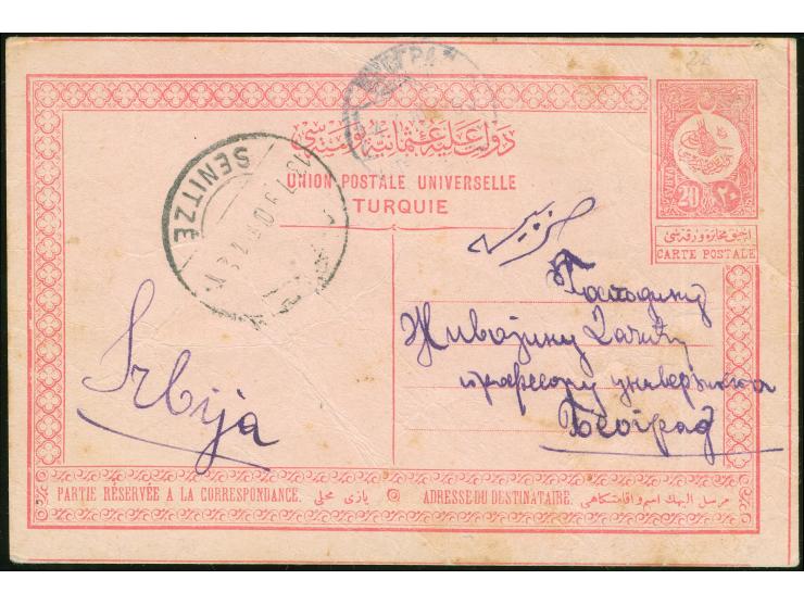 1910, "SENITZE 13.7.910" cds. (Coles-Walker no.39) clear on postal stationery card 20 para rose with transit USKUB cds. on re