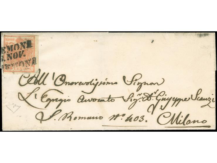 "CREMONA .. NOV.", L2 sowie L1 ohne Datum auf Handpapier 15 Centesimi, voll- bis breitrandig, auf kleiner Briefhülle nach Mai
