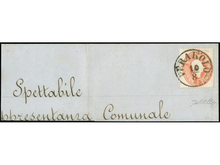 "PERAROLO 10/8", EKr., glasklar und gerade auf Österreich 1860, 5 Kreuzer, auf großem Briefteil. Ein außerordentlich seltenes