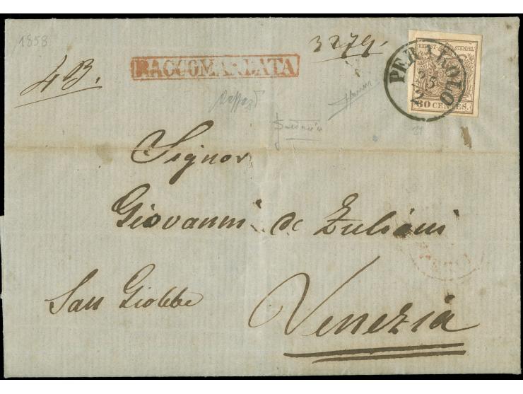 "PERAROLO 25/2", EKr. auf Maschinenpapier 30 Centesimi und 2 Einzelwerte 15 Centesimi (rückseitig geklebt), auf Briefhülle mi