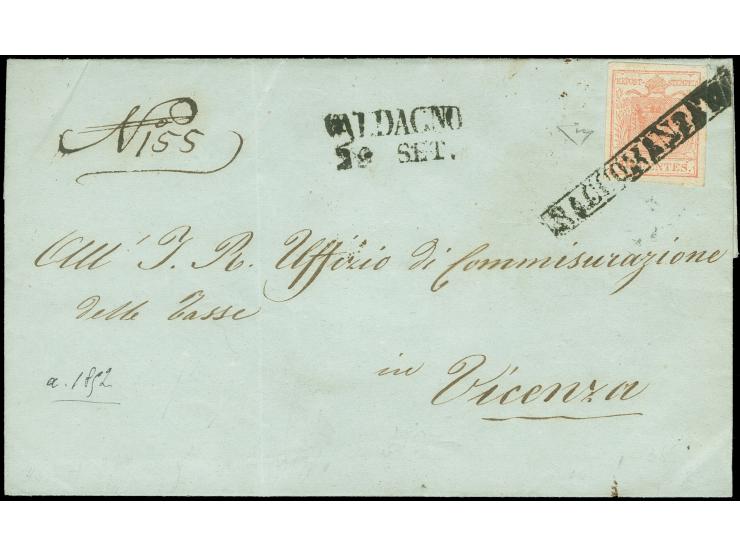 "VALDAGNO 29 SET.", L2 nebengesetzt auf Briefhülle, vorder- und rückseitig frankiert mit Handpapier 15 Centesimi und 30 Cente