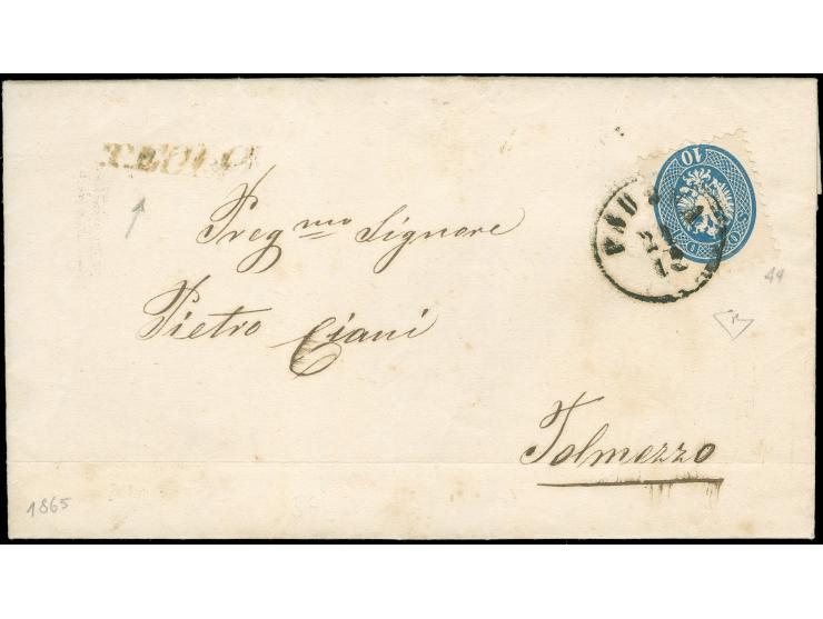 "TEOLO", L1 ohne Datum, sauber nebengesetztem auf komplettem Faltbrief mit 1864, 10 Soldi, mit EKr. "PADOVA 21/12" nach Tolme
