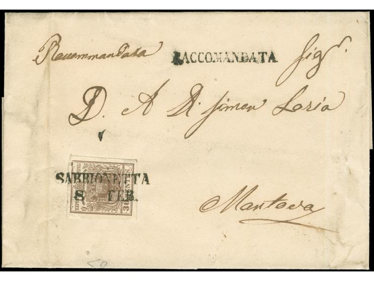 "SABBIONETTA 8 FEB.", L2 sauber auf Handpapier 30 Centesimi auf eingeschriebener Briefhülle nach Mantua, rückseitig frankiert