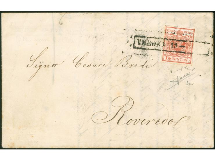 "VERONA/13- &nbsp;", Ra. ohne Monat und Jahr, auf Erstdruck 15 Centesimi, auf Faltbrief nach Roveredo. Signiert Sorani mit At