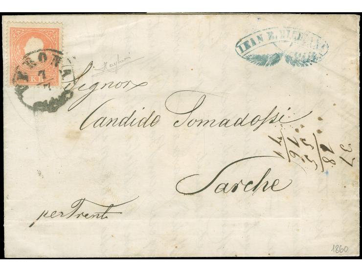 "VERONA 7/7", Zier-EKr., auf Österreich 1858, 5 Kreuzer, Type II, auf Faltbrief nach Sarche bei Trient. Eine sehr seltene Ver