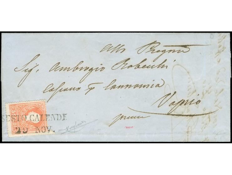 "SESTO CALENDE 29 NOV.", L2, sauber auf 1858, 5 Soldi, Type I, auf Briefhülle mit Teil des Inhaltes, nach Vaprio. Marke durch