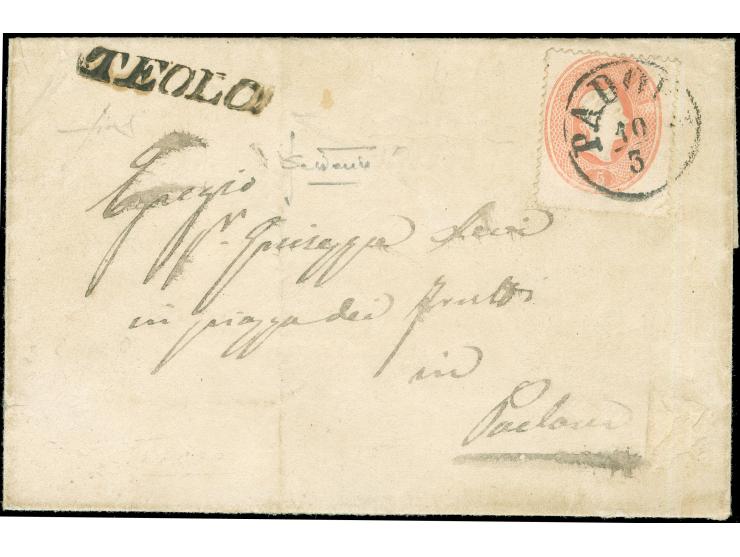 "TEOLO", L1 ohne Datum, sauber nebengesetzt auf Briefhülle, frankiert mit 1861, 5 Soldi, entwertet durch EKr. "PADOVA 10/3", 