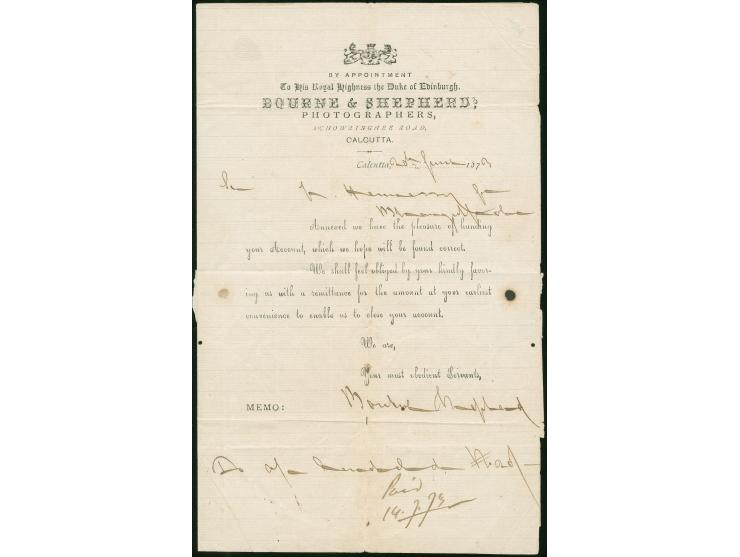 1873, QV ½ a. blue tied by Calcutta/C-1 JU/20 duplex to envelope with inside imprint ‘Bourne &amp; Shepherd Photographers Cal