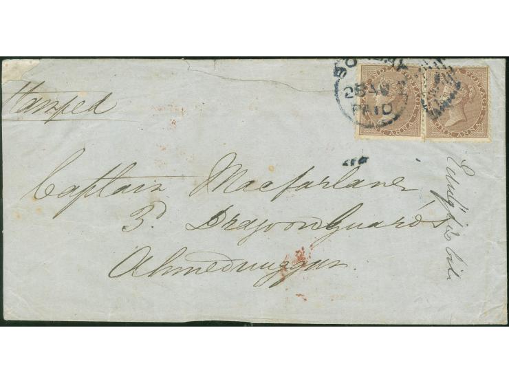 1862, QV 1 a. brown two single (right stamp corner flaw) tied by Bombay Paid-1 AU/28 duplex to envelope, addressed to Ahmedna