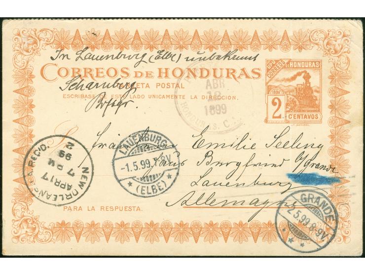 1899, Railway issue postal stationery card reply part 2 c. orange on buff written in Puerto Cortez with violet ABR/12 1899 cd