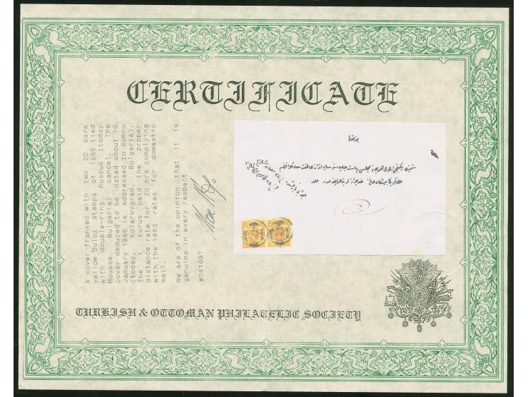 1866, „RUSCUK 81“, all arabic double circle, two clear strikes, tying horizontal pair Duloz 1865 issue, 20 pa. ochre to envel