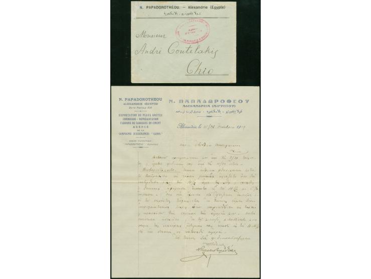 1909, Stampless cover from Alexandrie / Egypt with maritime content, to Chio Greece with red oval "LA PHOCEENNE - SOCIETE ANO