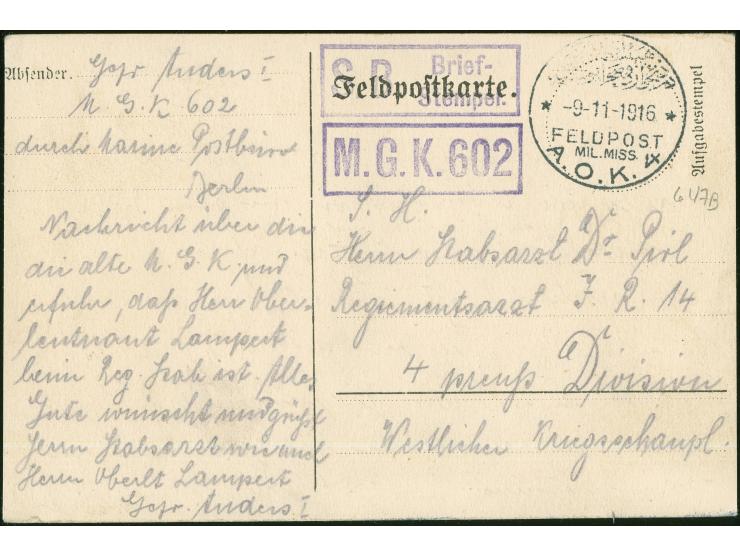 1916, FELDPOST MIL. MISS. A.O.K.4 - 9/11/1916, klarer Stempel auf Feldpostkarte mit S.B. Briefstempel und M.G.K. 602 in viole