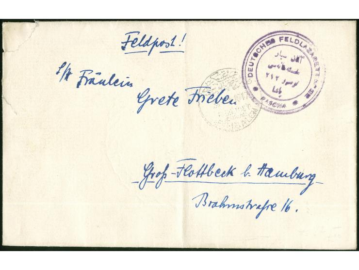 1917, Mil. Miss. Jerusalem 31.10.1917 und zweisprachiges Dienstsiegel Deutsches Feldlazarett No. 212 Pascha (deutsch / türkis