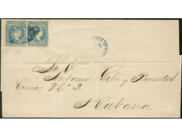 1863, Queen Isabella II pair ½ r. blue, imperf, fine four margined, tied by oval obliterator in blue and blue BATABANO ISLA D