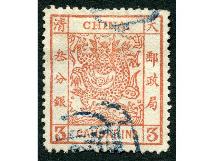 1882, large dragon 3 ca. red, type III, used, few short perfs, otherwise fine.
