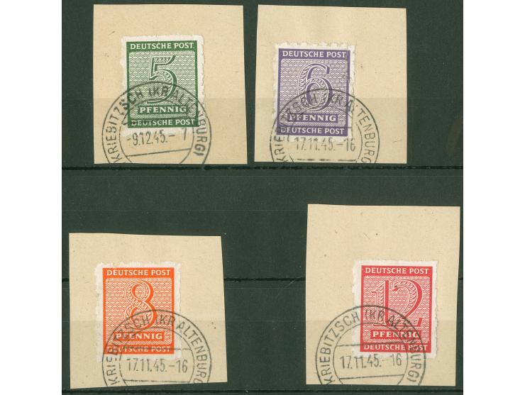 1945, Kriebitzsch mit Nähmaschinendurchstich: Ziffern 5-12 Pfg., mit Wasserzeichen 1 X, je sauber gestempelt auf Briefstückt.