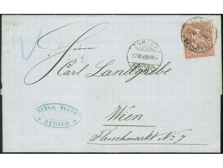 1869, 50 c. lila auf Faltbrief ZURICH 12/XI/69 nach Wien mit rs. Ankunftsstempel 14/11/69, handschriftlich "2" in blau, sehr 