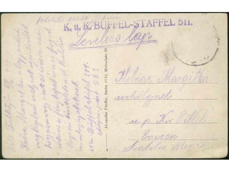 1917, ‘K.u.K. Büffel-Staffel 511’ österr.-ungarische Feldpost auf Postkarte Bukarest Zentralpost, selten, tadellos.
