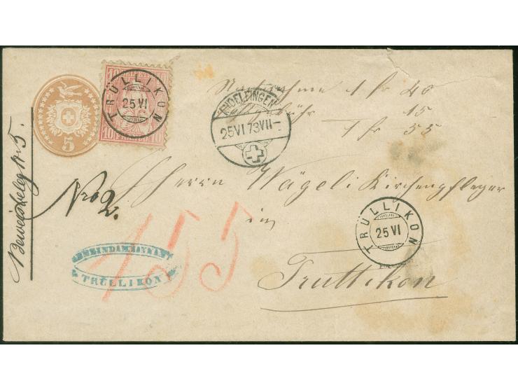1873, TRÜLLIKON 25/VI, Zwergstempel in schwarz (AW Gr. 138) sehr klar auf Ganzsache 5 C braun mit Zusatzfrankatur 10 C rot, a