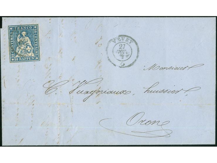 1862, 10 Rp blau vollrandig auf Faltbrief, datiert 27/August 1862, Registerbüge berühren nicht die Marke, von VEVEY nach Oron