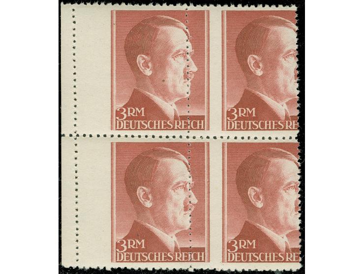 1942, Hitler 3 RM mit horizontal stark versetzter Perfix-Zähnung bis in die Markenmitte und den Bogenrand hinein, postfrische