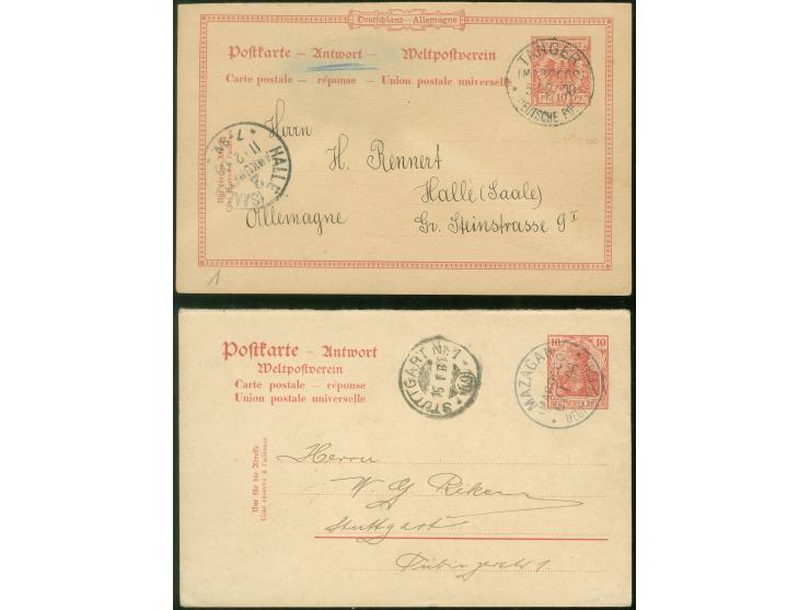 1908, MAZAGAN (MAROCCO) 6/1/08 auf Germania 10 Pf Ganzsachenkarte Antwortteil nach Stuttgart mit Ankunftsstempel, dazu Karte 