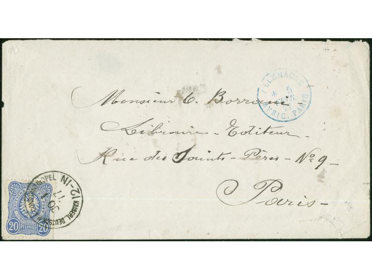 1877, 20 Pfg blau auf Brief KAISERL. DEUTSCH P.A. CONSTANTINOPEL 30/1/77 nach Paris mit Ankunftsstempel, leichte Randmängel u