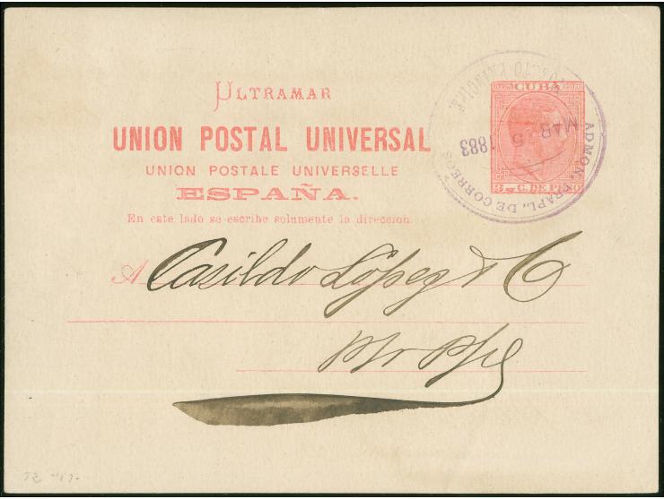 1883, postal stationery card 3 c. salmon written in Nuevitas, tied by violet "ADMON PRAPL DE CORREOS PUERTO PRINCIPE MAR/5 18