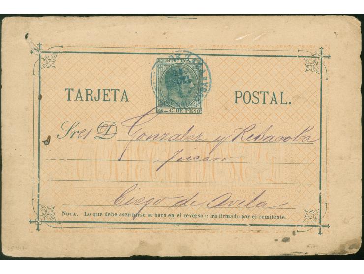 1886, Alfonso XII, 2 c. green on buff postal stationery card, type 1, tied by blue "...DE ZAZA CUBA" cds. to Ciego de Avida w
