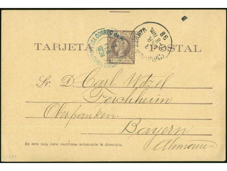 1898, Alfonse XIII, 2 c. violet postal stationery card tied by blue "CORREOS DE PUERTO PRINCIPE YSLA DE CUBA 7/FEB 1898" cds.