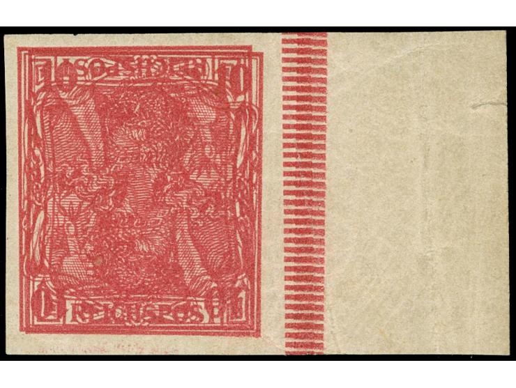 1900, Germania Reichspost 10 Pfg. ungezähnt mit Doppeldruck, davon 1 mal kopfstehend, rechtes Randstück, ungebraucht, signier