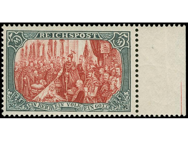 1900, Germania Reichspost 5 M., Type II, ungebraucht (nur winzige Haftstelle), rechtes Randstück, signiert Jäschke BPP&nbsp;