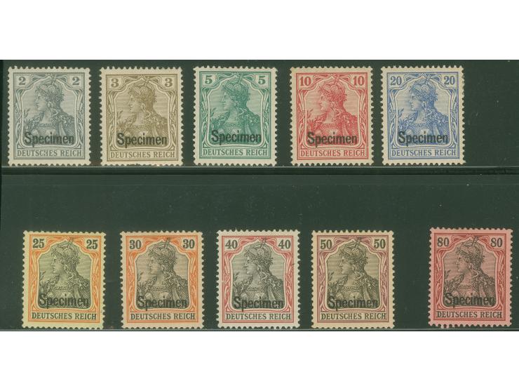 1902, Germania ohne Wz. 2-80 Pfg. mit Aufdruck "Specimen" , ungebraucht, wenige verkürzte Zähne und 10 Pfg. getönter Eckzahn 
