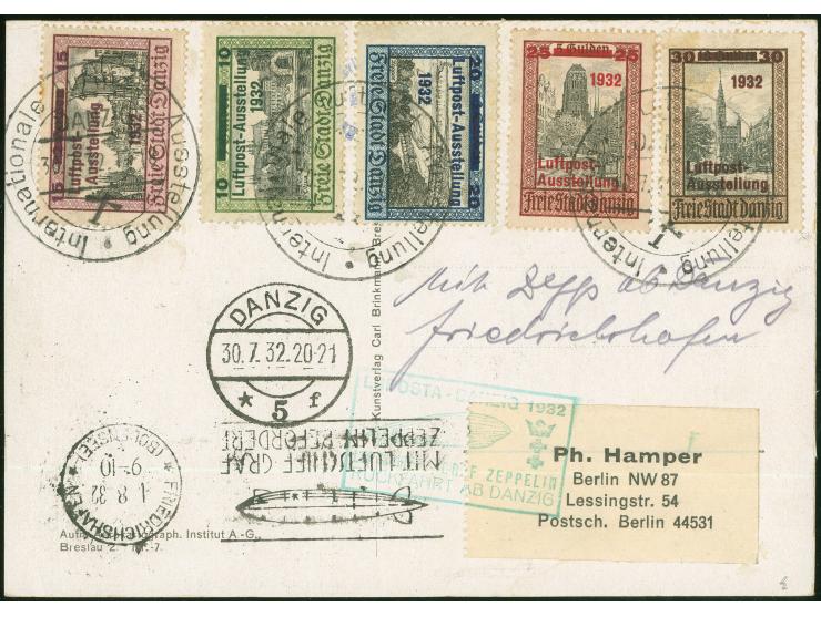 1932, LUPOSTA-Fahrt, Danziger Post, Rückfahrt, Fotokarte "LZ 127 über Zoppot" ab Danzig 30.7. mit komplettem LUPOSTA Satz als