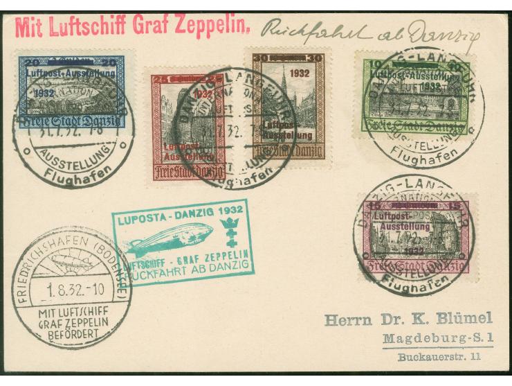 1932, LUPOSTA-Fahrt, Danziger Post, Rückfahrt, Karte ab Danzig 31.7. mit komplettem Luposta-Satz als prachtvoller Satz-Beleg,