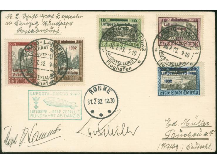 1932, LUPOSTA-Fahrt, Danziger Post, Abwurf Rönne, Karte ab Danzig 30.7. mit Ausstellungs-SST und komplettem LUPOSTA Satz in p